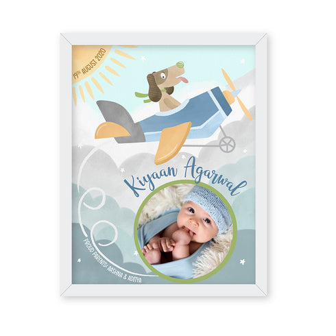 Illustrated Baby Boy Birth Detail Frame - Vintage Skies
